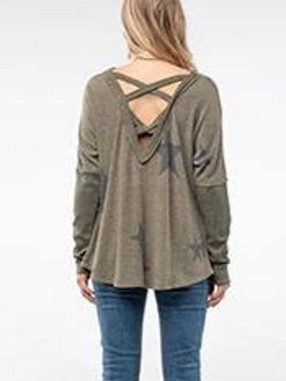 Miss Me Star Print Cowl Neck Y2k Grunge Layered Sleeve Open Back Sweater Sz M